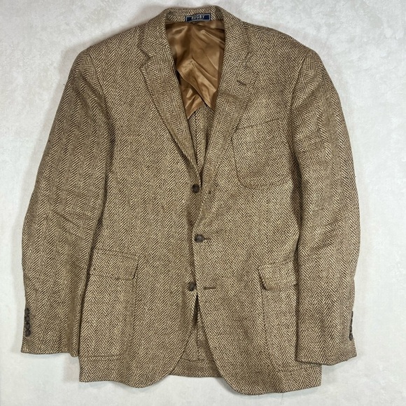 Rugby Ralph Lauren 42R Harris Tweed Herringbone Silk Wool Linen Blend Tan Blazer - Picture 1 of 13